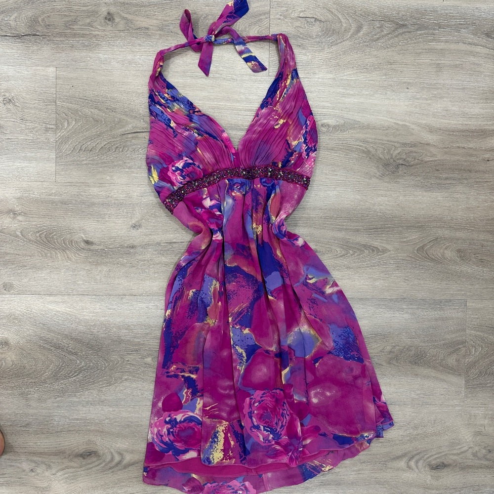 Pink & Purple XOXO Halter Double Lined Dress w Beaded Bling Detailing